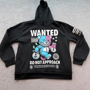RGSTR Mens Black Wanted Teddy Bear Graphic Hoodie Size L Unstoppable Streetwear